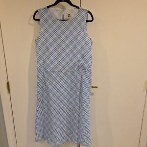 Anne Klein Seersucker Blue and White Plaid Belted Midi Dress